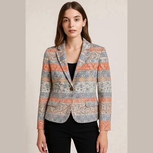 Haggar Blue & Orange Paisley Boho One Button Blazer Notched Lapel Sz Large